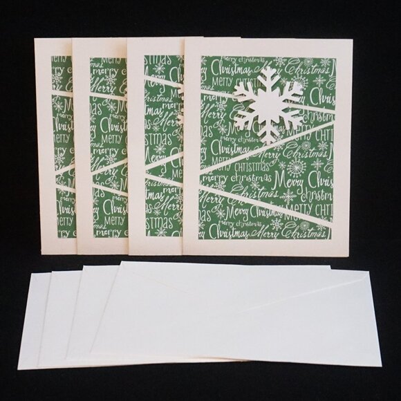 4 Off White Green Christmas Words Diagonal Cut with 3D Card Stock Snowflake - Picture 1 of 3